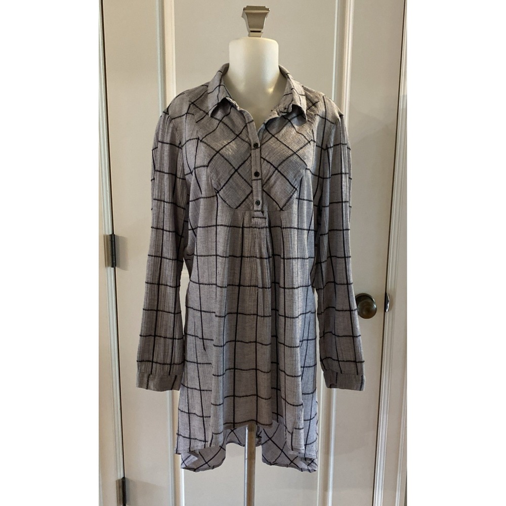 Sundance Grey Black Windowpane Check Dress Tunic Top Cotton Hi Lo -Size Small